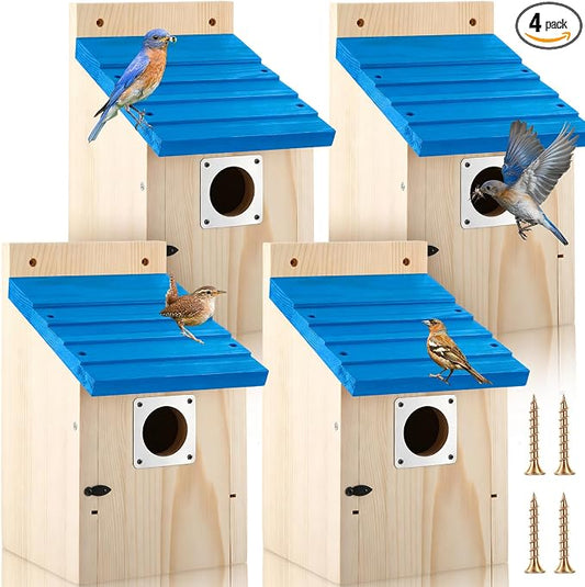 Dreyoo 4 Pack Bluebird Houses for Outside with Metal Predator Guard, 1-1/2" Entrance Hole Wooden Blue Bird Houses for Outdoors, Bluebird Nesting Box(Blue Roof, Wood Body)