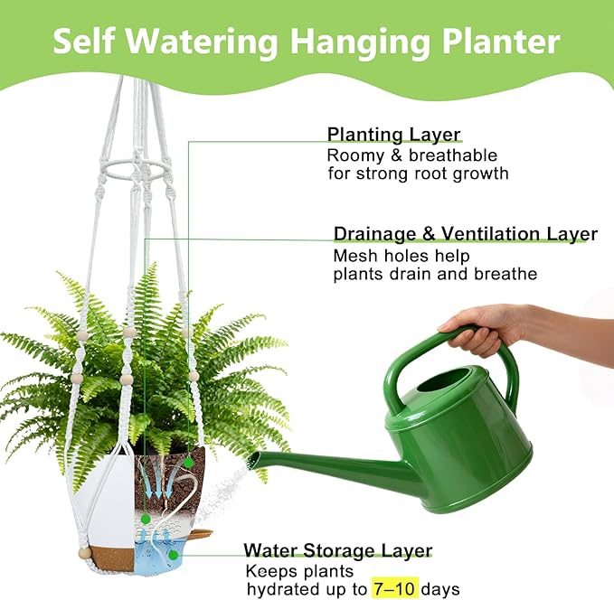 Hanging Planters for Indoor Plants: 2 Pack Macrame Plant Hangers with Grow Lights and Self-Watering Pots, Large Hanging Pots with Drainage Holes & Removable Tray（8in White Pot, Daylight Spectrum）