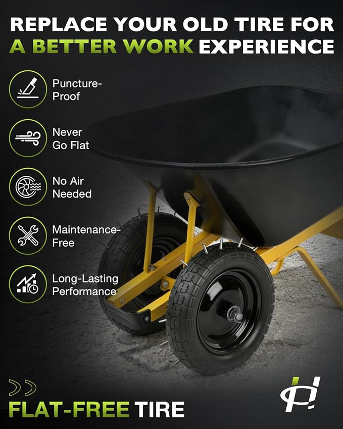 4.80/4.00-8 wheelbarrow tire, 14.5" Flat Free Solid Tire and Wheel, 3" Centered Hub, 5/8" & 3/4" Bearings, Universal Replacement for Garden Carts Wagon Wheel Barrow, 2 Pack