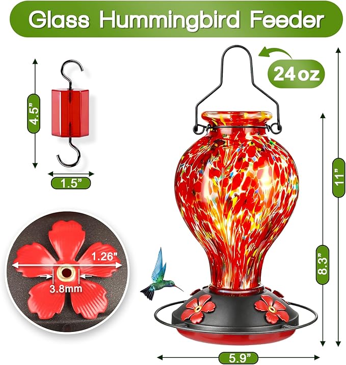 24oz Hand Blown Glass Hummingbird Feeders for Outdoors Hanging 1 Pack Red Polka Dots, 20oz Wild Bird Nectar Feeder 1 Pack Red