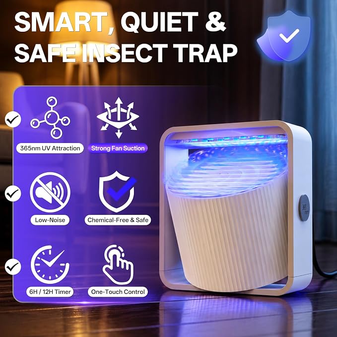 Fruit Fly Traps for Indoors, Gnat and Insects Catcher for House with UV Light, Fan Suction, Ideal for Garage, Kitchen, Patio, Plant Pots, Bedroom, 5 Sticky Pads Included, USB-C Powered