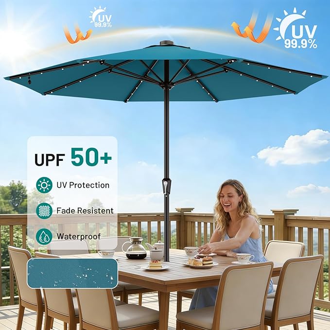 AreShark 11FT Large Patio Umbrella with Solar Lights, Lighted Solar Umbrella with Crank, Outdoor Table Market Umbrellas for Garden, Deck, Backyard, Pool and Beach, Lake Blue