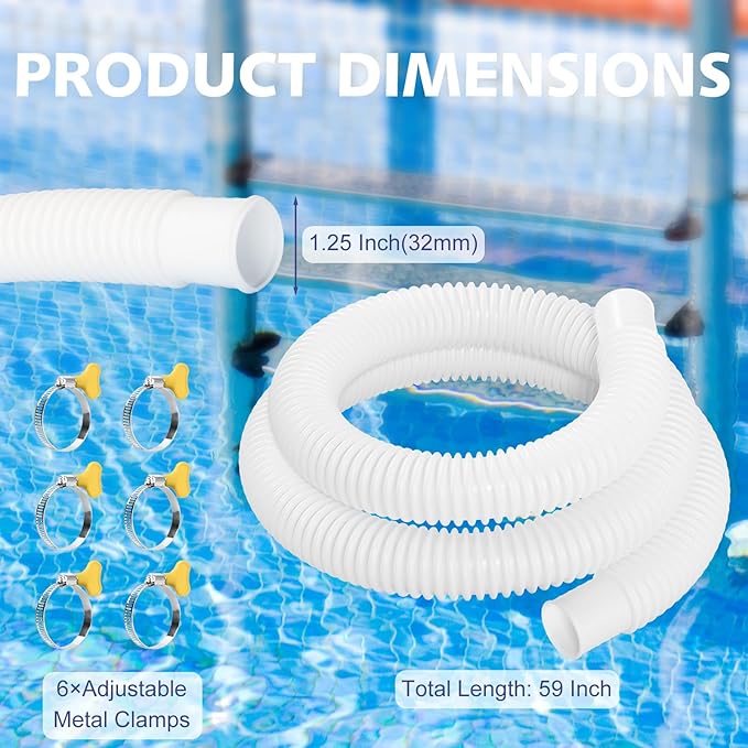 Pool Hose for Above Ground Pools, 3 Packs 1.25" Diameter Pool Pump Replacement 59 Inches Length Swimming Pool Hose with 6 Pcs Hose Clamps