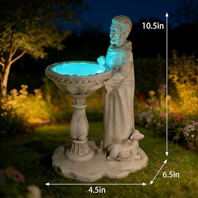 Sheaifun St Francis Garden Statue Outdoor Solar Garden Decor Resin 10.5 Inch Tall Colorful Lights St Francis Statue with Bird Bath Feeder for Yard Patio Lawn Decoration Religious Gifts for Women