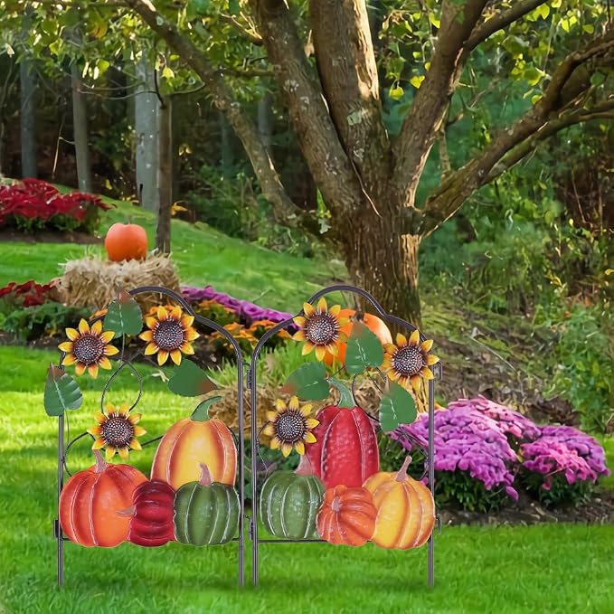 hogardeck Fall Decorations for Home Outdoor, Set of 2 Metal Fence Decorative Garden Stakes with Pumpkin Sunflower for for Fall Decor, Metal Yard Signs for Garden Lawn Patio Thanksgiving Decorations