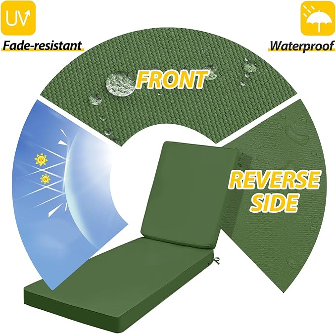 AAAAAcessories Outdoor Chaise Lounge Cushions, Fade-Resistant, Waterproof Patio Furniture Replacement Cushions, 75" x 24.5" x 3", Dark Moss Green