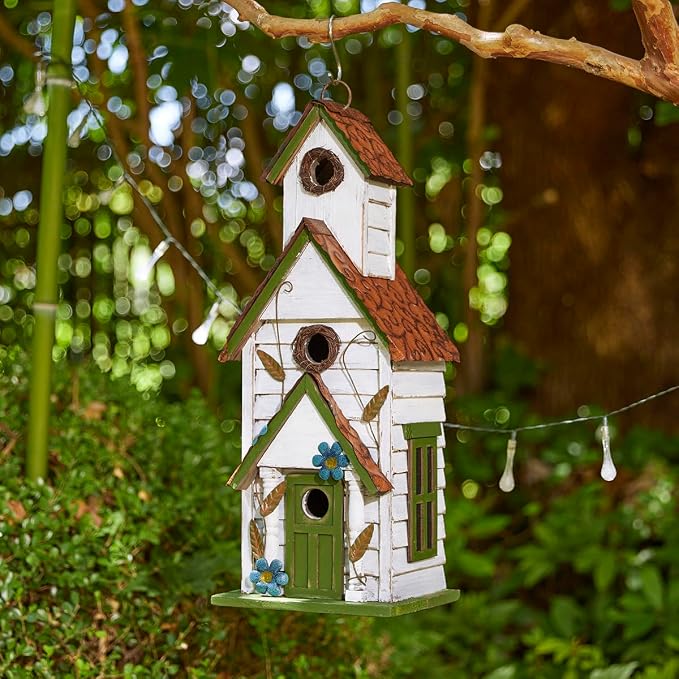 Glitzhome Hanging Birdhouse for Outside, Oversized Solid Wood 3-Story Villa Bird House, 20" H Distressed Pet Cottage Decorative Birdhouse for Outdoor Patio Garden