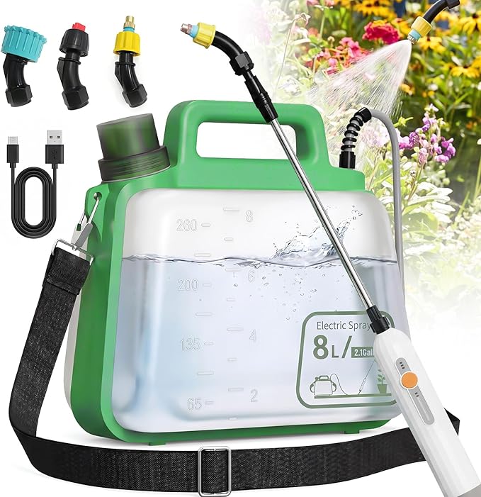 2 Gallon Electric Garden Sprayer, Upgrade Battery Powered Weed Sprayer with 3 Mist Nozzles & 5 Spray Modes, IP67 Rechargeable Handle, Retractable Wand, Sprayer with Shoulder Strap for Yard, Lawn Care