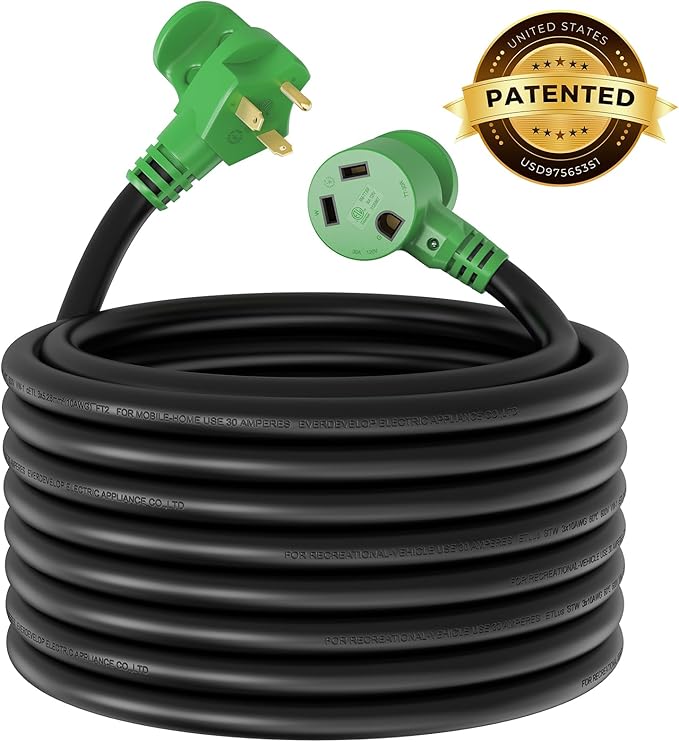 RVMATE 30 Amp 75 Feet RV Power Extension Cord with Easy Plug-in Handle, TT-30P to TT-30R, LED Indicator, 10 AWG, ETL Listed