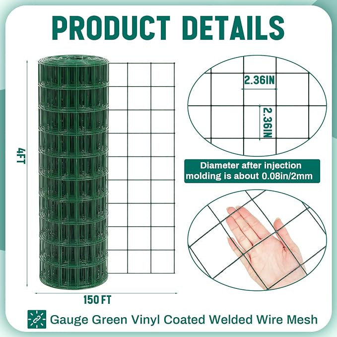 Gisafai 16 Gauge Galvanized Welded Wire Fence 4 ft x 150 ft PVC Coated Hardware Cloth, 2.36" x 2.36" Mesh, Heavy Duty Garden Fencing Roll for Yard Chicken Dog, Deer Cattle & Animal Protection(Green)