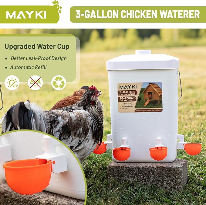 MAYKI Chicken Feeder and Waterer Set, 3 Gallon/26 LB No Waste Poultry Feeding System with Hanging Option, Automatic Coop Accessories for 10 Hens, Upgraded Feeder Port Water Cup, BPA-Free Winter Design