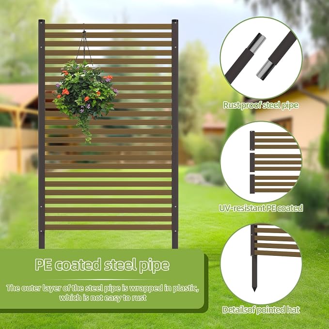 Privacy Screen Freestanding Outdoor,3ft × 4ft Wood Grain Metal Decorative Privacy Fence Panels with Base Feet for Patio,Dark Brown