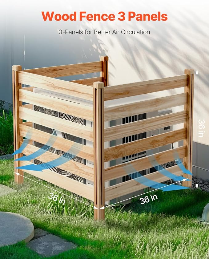 VEVOR Wood Privacy Fence, 36" W x 36" L, 3 Panel Slatted Air Conditioner Fence Screen, Pool Equipment Enclosure with Metal Stakes, Easy DIY Installation, Outdoor Trash Can Hider for Garden Decoration
