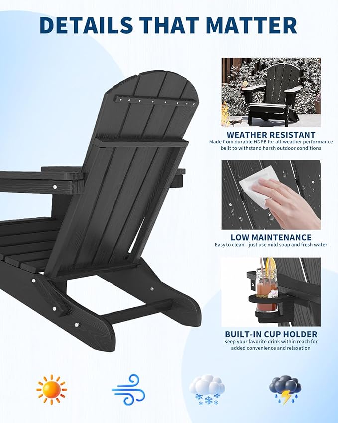 GarveeLife Folding Adirondack Chair Set of 2 with Ottoman, All-Weather HDPE Outdoor Chair, Wooden Textured with Cup Holder for patios, Decks, Gardens, fire pits, Black