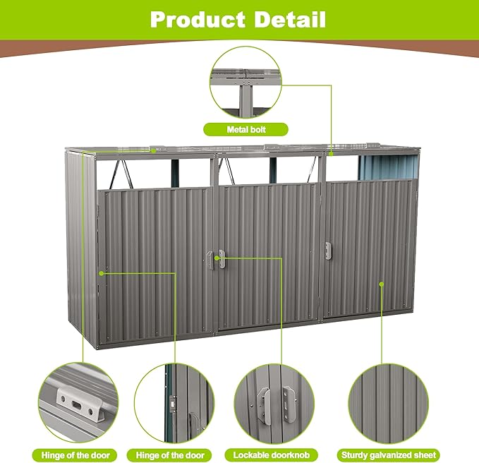 Outdoor Trash Storage Shed Waterproof Garbage Bin Shed Stainless Trash Container Storage for 3 Trash Cans Galvanized Steel Garbage Can Hider for Patio Garden Lawn, Gray