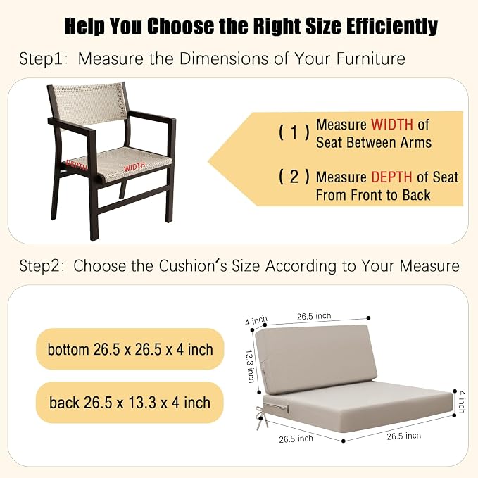 idee-home Outdoor Chair Cushions for Patio Furniture, Outdoor Seat Cushion | Waterproof Couch Hampton Bay Deep Seat Replacement Chair Cushions for Garden Backyard Deck 26.5 x 26.5