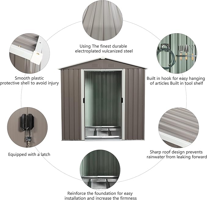 Favfurish 6 x 5 Feet Outdoor Metal Storage Shed, Utility Tool Storage House with Air Vent, Latch Double Doors & Floor Base, Weatherproof Garden Sheds, for Backyard Patio Lawn, Gray