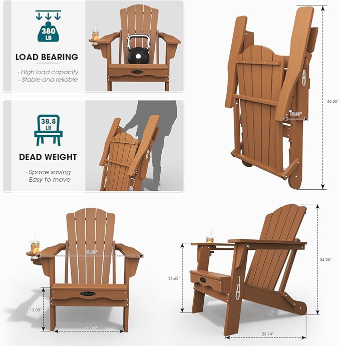 THOEOE Folding Adirondack Chair Set of 4, HDPE All-Weather Outdoor Chair with Cup Holder, Wooden Textured, Fire Pit Chair, Plastic Patio Chair for Deck, Backyard, Garden, Lawn