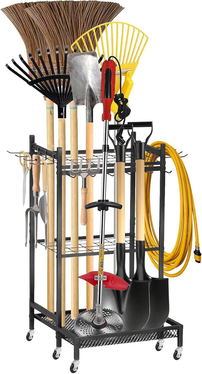 Garden Tool Organizer Rack with Wheels Up to 35 Tools, Heavy-Duty Steel Yard Tool Organizer for Garage Storage with 11 Hooks, Broom Holder & Garden Tool Rack for Shed, Patio, Lawn, Outdoor, Black