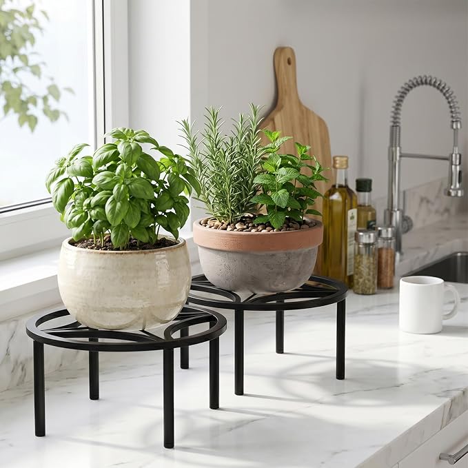 TOSKING 2-Pack Fully Assembled Heavy Duty Metal Plant Stand, Geometric Flower Pot Holder for Heavy Potted Plant, Rustproof Iron Plant Riser with Adjustable Feet, 220 LBS Capacity, No Installation Required, Black (13.4"Dia x 6.5"H)