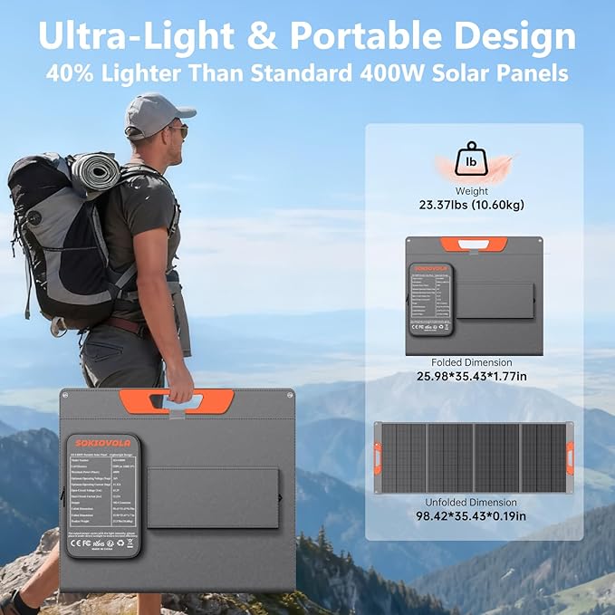 SOKIOVOLA 400W Portable Solar Panel for EF/Jackery/Bluetti/Anker Power Station,Ultra-Lightweight ETFE Foldable Solar Panel,25% High Efficiency,MC4 Output,for Outdoor Camping, Emergency Power Supply