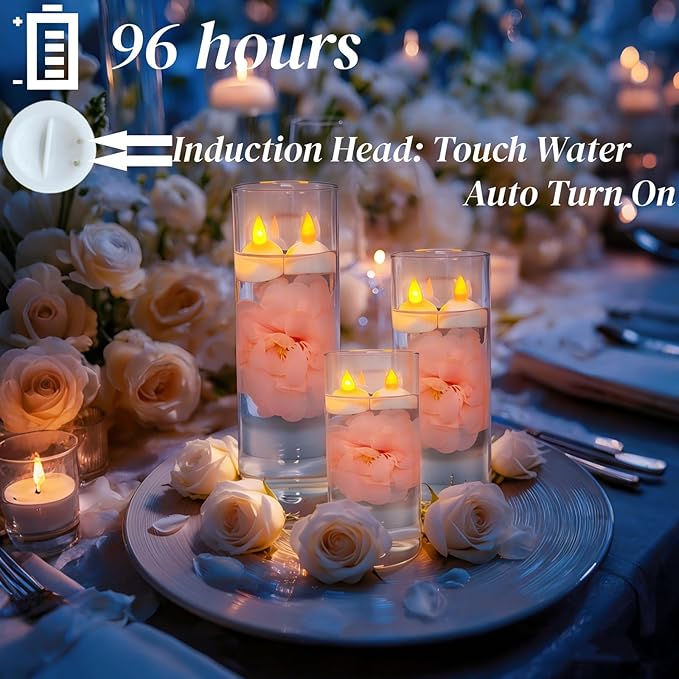 24 Pack Flameless Floating Candles and Floating Artificial Flower Led Battery Operated Waterproof Tea Lights for Vases Centerpieces at Wedding, Party, Pool Decor Pink