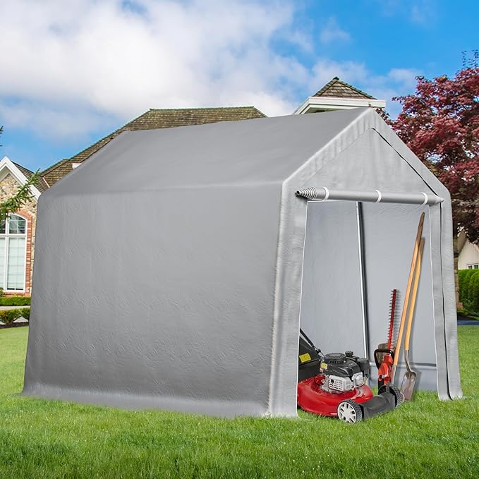 Portable Shed Outdoor Storage Shelter 10x15 FT, Heavy Duty Storage Shed Waterproof Storage Tent Tarp Sheds with Roll-up Zipper Door for Motorcycle, Bike, Garden Tool, All Metal Frame, Grey