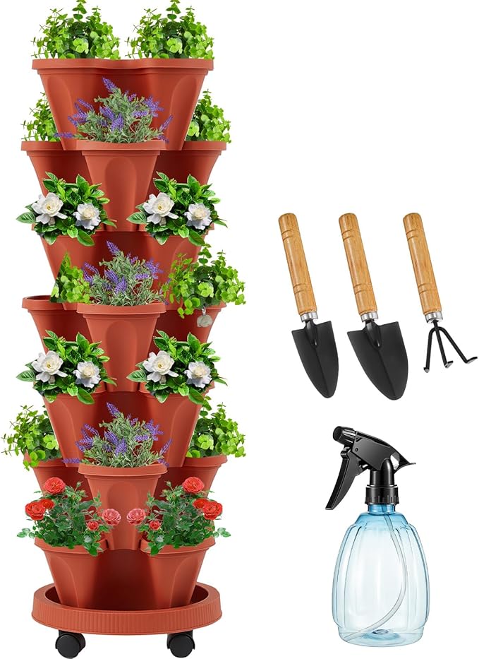 Umigy 1 Set Brick Red 7 Tier Vertical Planter Stackable Tower Planters Strawberry Herb Flower and Vegetable Pots Indoor Outdoor Gardening Pots with Removable Wheels and Tools