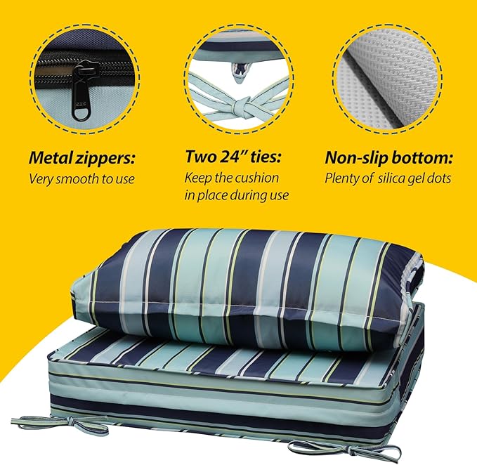 AAAAAcessories Outdoor Seat Cushions for Chairs, Fade-Resistant, Waterproof Patio Furniture Replacement Cushions, 25.5" x 25.5" x 5" + 25.5" x 13.5", Ash Teal Seaside Stripe