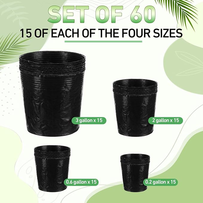 60 Pcs Nursery Bags 0.2 & 0.6 & 2 & 3 Gallon Thicken Soft Plastic Seedling Pots Seed Plant Bags with Drainage Holes for Large Flowers Trees Vegetables Indoor Outdoor Women Gardening Gifts
