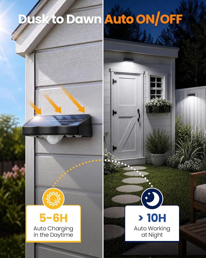 VOLISUN Fence Lights Solar Powered, Motion Sensor Outdoor Lights 160° Wide Angle 16.4FT Detection, IP65 Waterproof, 3 Modes, Dusk to Dawn, 6000K Cool White Solar Fence Lights for Garden Yard 8 Pack