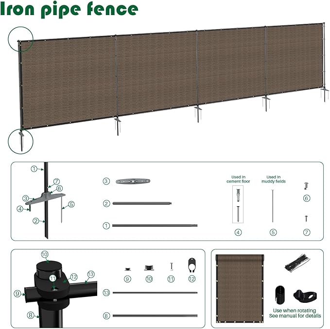 6'Hx140'W Outdoor Freestanding Privacy Screen Fence Panels with Iron Poles, Mesh Shade Net Cover Temporary Fencing for Patio Backyard Garden Deck, Brown