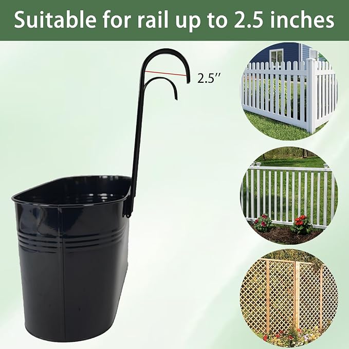 Hanging Planters for Outdoor Plants, 17" Railing Planter Pots, Metal Fence Flower Pot for Porch Balcony with Detachable Hook (Black, Pack of 4)