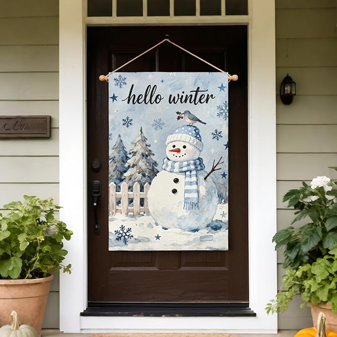 Winter Snowman House Flag 28x40 Inch Christmas Tree Snowflake Cardinal Hello Holiday Decorative Garden Flags for Outside Double Sided Seasonal Outdoor Home Farmhouse Decoration Yard Porch Decor