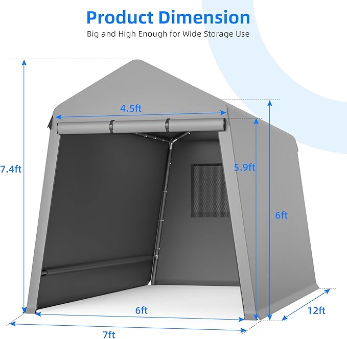 7x12FT Portable Storage Shed Waterproof Outdoor Garage Carport with Ventilation
