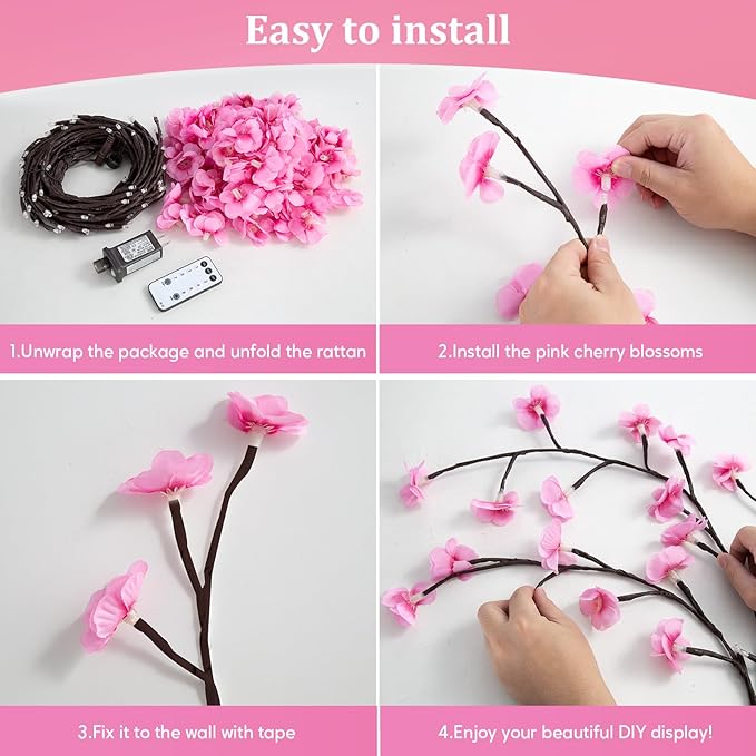 NIDISETPJAS Cherry Blossom Lights with Remote, 7.5 Ft 144 Flowers Enchanted Willow Vine Lights, 18 Branches 144 LEDs Lighted Willow Vine Tree Lights for Walls Bedroom Home Room Decor, Brown Branch