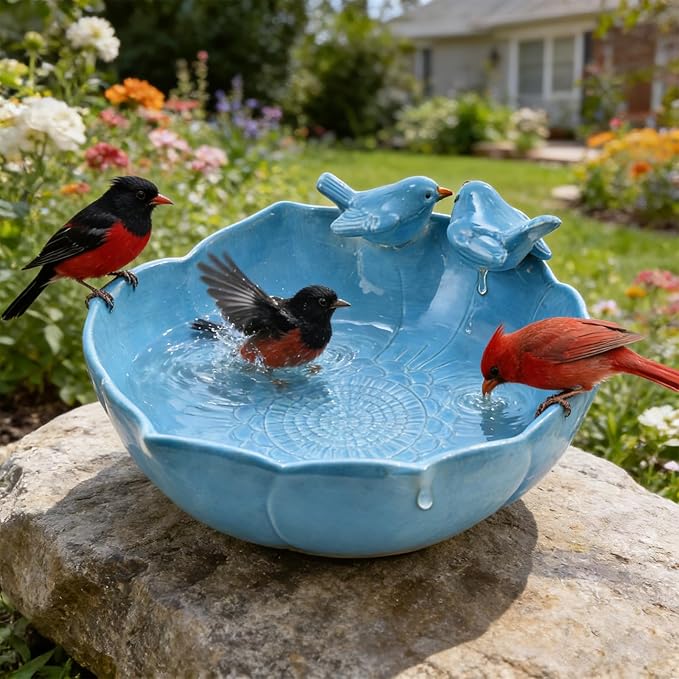 Ceramic Bird Bath for Outdoors, 10.1” Hand-Painted Glazed Ceramic Bird Baths Bowls and Feeders for Outside, UV/Frost-Resistant Finish Ground Garden Table Top Bird Baths Decor for Patio Yard Home Green