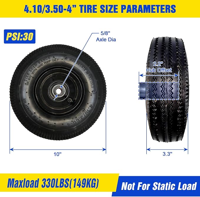 4.10/3.50-4 Pneumatic Wheel, 10 Inch Pneumatic Tires and Wheels Replacement with 5/8'' Bearings, 2.2" Offset Hub for Garden Cart, Hand Truck, Lawn Cart, Dolly, Mower (2 PACK)
