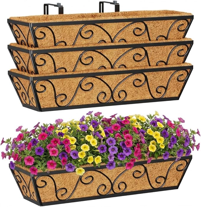 Y&M 4Pcs 24 Inch Large Window Box Railing Planter with Coco Liner, Outdoor Window Flower Boxes Over The Railing Boxes Deck Fence Porch Balcony Planter-Butterfly