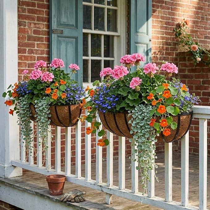 24 Inch Railing Planter Boxes with Adjustable Brackets for Hanging Outdoor Plants, Window Box Planter with Coco Liner for Balcony Deck Porch & Patio Garden Decor, 4 Pack & Black