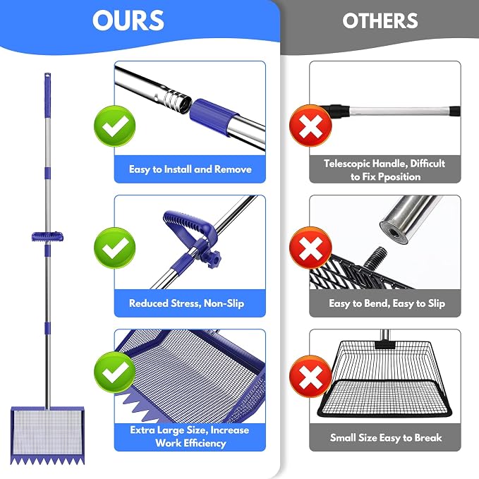 Chicken Poop Scooper Rake 2-in-1,304 Stainless Steel Shovel Head, Chicken Litter Scoop with Handle for Chicken Coop for Sand, Pet Waste Cleaning, Litter Sifting Shovel (35 to 65")