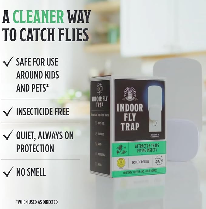 Grandpa Gus’s Indoor Fly Trap Plug-In - UV Light Insect Catcher for Flies, Gnats, Fruit Flies, Mosquitoes & Moths - No Insecticides, Sticky Glue Trap for Kitchen, Garage, Includes 3 Refill Glue Boards