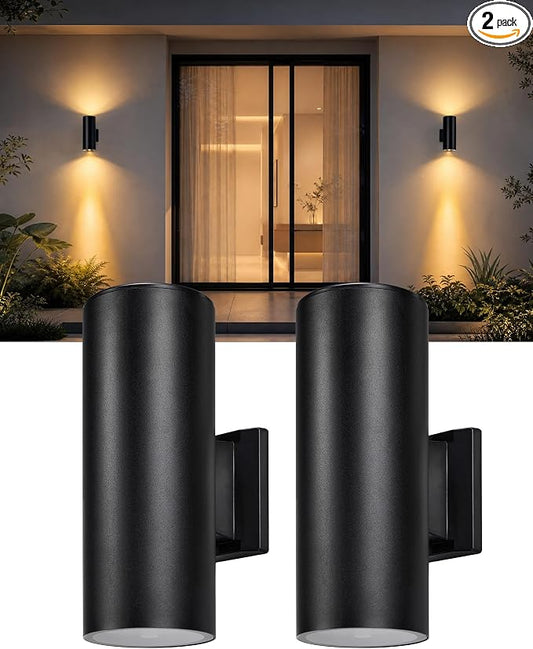 pearlstar 2 Pack Solar Wall Lights Outdoor Dusk to Dawn Solar Sconces Lights, Up & Down Warm White Glow IP65 Waterproof Wall Mount Lamp for Outside Garage Fence Patio Porch Yard