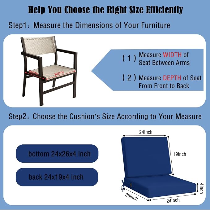 idee-home Outdoor Chair Cushions for Patio Furniture, Outdoor Seat Cushion | Waterproof Hampton Bay Deep Seat Replacement Couch Cushions for Garden Lawn Backyard Deck 24 x 26 Navy
