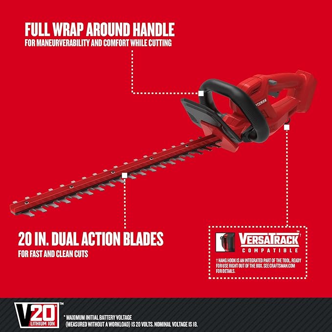 CRAFTSMAN V20 Cordless Hedge Trimmer with Battery and Charger Included, 20 in. Blade, Rechargeable Bush Trimmer Cordless, Lightweight (CMCHT810C1)