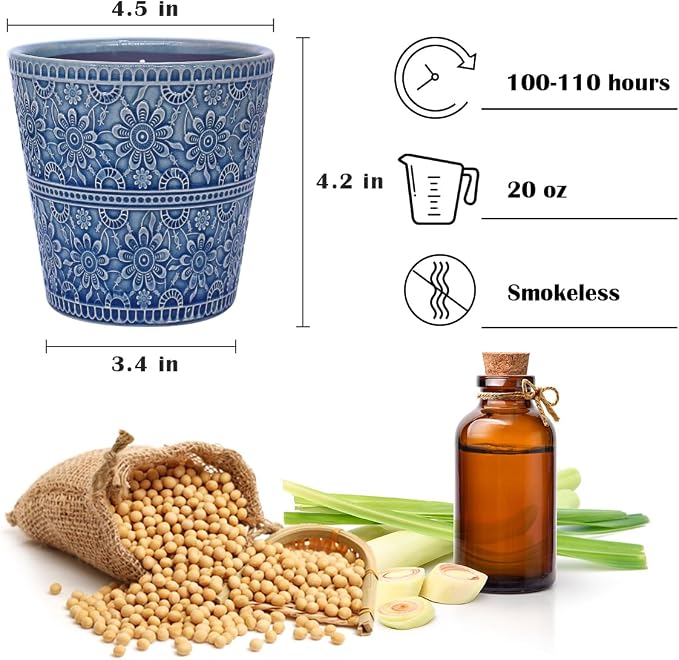 3-Wick Citronella Candle Outdoor Indoor, 20 Ounce Lemongrass Soy Wax Candle in Blue Ceramic Jar for Home Garden Patio Yard Balcony and Summer Gift