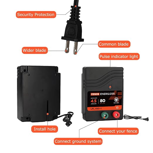 Electric Fence Charger AC Powered 80 Miles 250 Acres, 110 Volt 4.5 Joule Plug-in Electric Fence Energizer, Output Voltage Max 10 kV for Livestock, Preventing Predators from Intruding