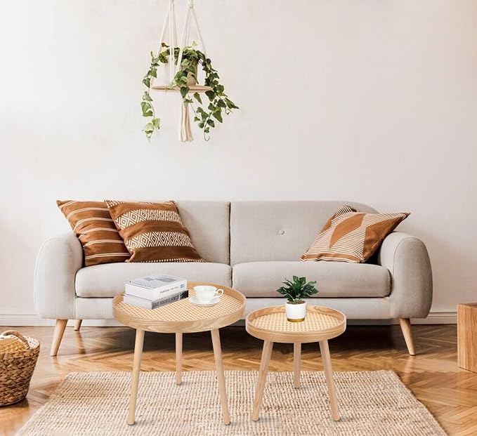 Round Coffee Table Set of 2, Natural Boho Coffee Tables, Small Mid Century Modern Rattan Coffee Table, Boho Side Table End Tables for Living Room Bedroom Office