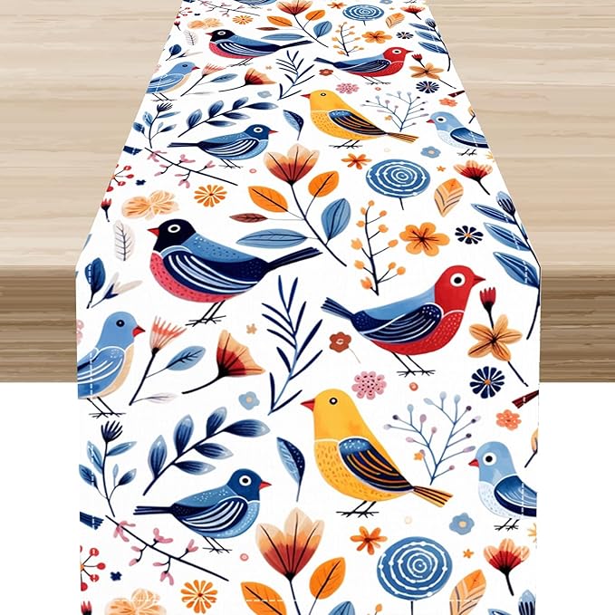 Floral Birds Table Runner, Rustic Seasonal Watercolor Spring Flower Plants Wildfloral Boho Blue Coffee Table Center Decor for Family Kitchen and Dining Farmhouse Party Table Decorations, 13"x108"