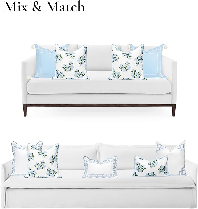 Hofdeco Premium Coastal Patio Indoor Outdoor Throw Pillow Cover Only, 20"x20" Water Repellent for Backyard, Couch, Baby Blue Print Hydrangea Flower (Pack of 2)